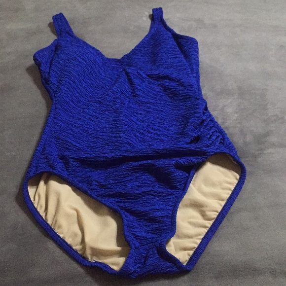One Piece Bathing Suit Sz 14 Crepe-Look V-Neckline - Picture 2 of 16